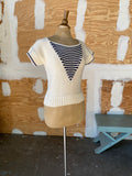 80-90's white knit top with navy stripes