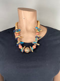 80-90's Turquoise & Tan wooden beaded statement necklace