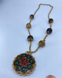60-70's Folk Leather flower pendant boho hippie necklace