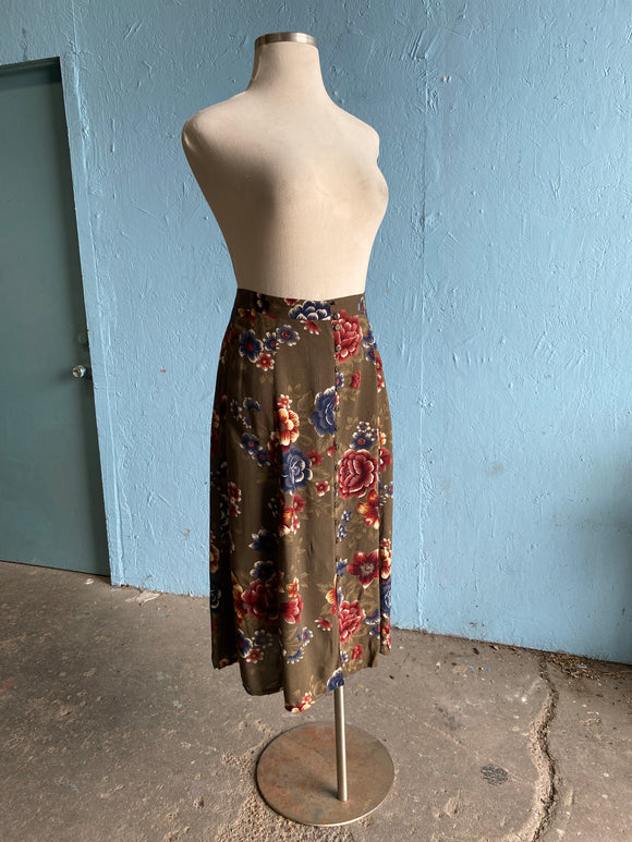 90's Sage green floral button down skirt