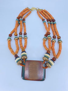 80-90's Brown, Coral and Turquoise layered beaded necklace with large wooden square pendant