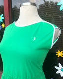 1970's Green plus size dress w/embroidered white seahorse.