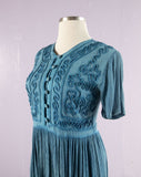 1990's Turquoise crinkle rayon Indian maxi dress with soutache embellished bodice