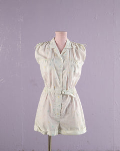 1980's White romper with pastel polka dots.