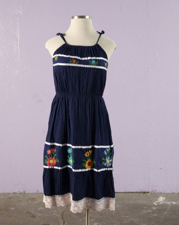 Classic Central American crinkle gauze sundress with tie shoulders with embroidered flowers