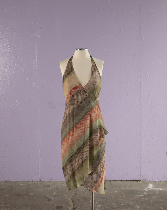 Y2K BCBG Surplice bust silk wrap dress with multi-texture diagonal print