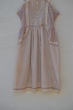 1970's Sleeveless Ivory, Blue and pink plaid and striped prairie dress with side tie strings and back smocking