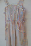 1970's Sleeveless Ivory, Blue and pink plaid and striped prairie dress with side tie strings and back smocking
