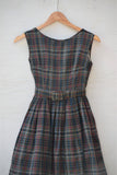 1950's Sleeveless Army Green, Red, Navy Blue and White plaid dress