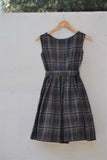 1950's Sleeveless Army Green, Red, Navy Blue and White plaid dress