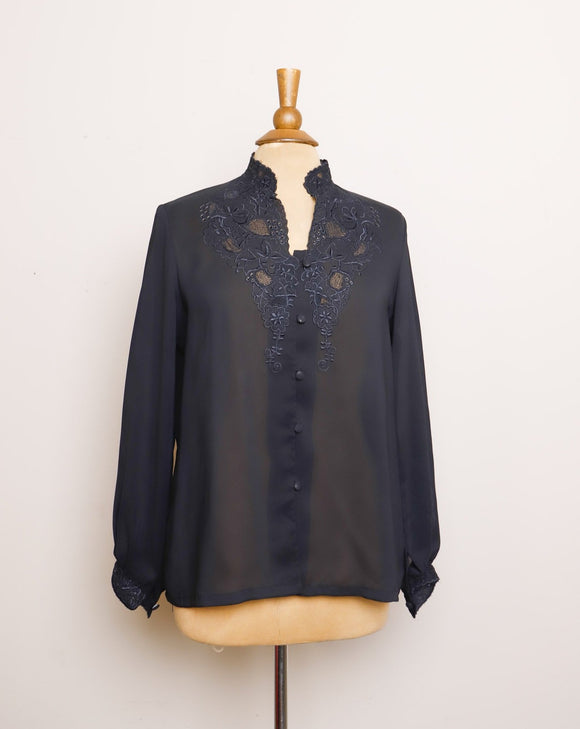 Black sheer floral embroidered button up