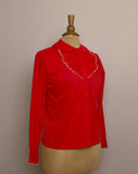 1970's Red long sleeve button up top with a accordion pleated bib & peter pan collar