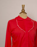 1970's Red long sleeve button up top with a accordion pleated bib & peter pan collar