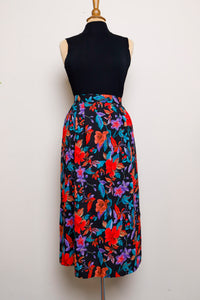 1990's Black Plus Size skirt with red, purple tropical flowers with pockets