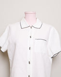 1990's White linen button down top with black outline & silver rectangle buttons