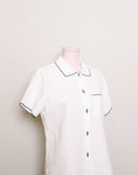 1990's White linen button down top with black outline & silver rectangle buttons
