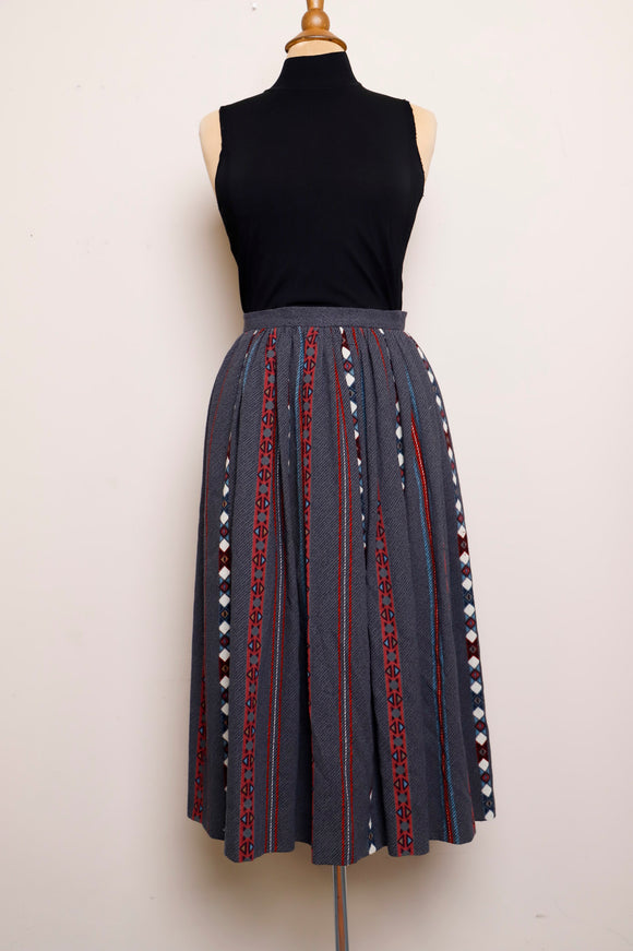 1980's Jaeger Moss green, burgundy, ivory striped abstract midi skirt with pockets