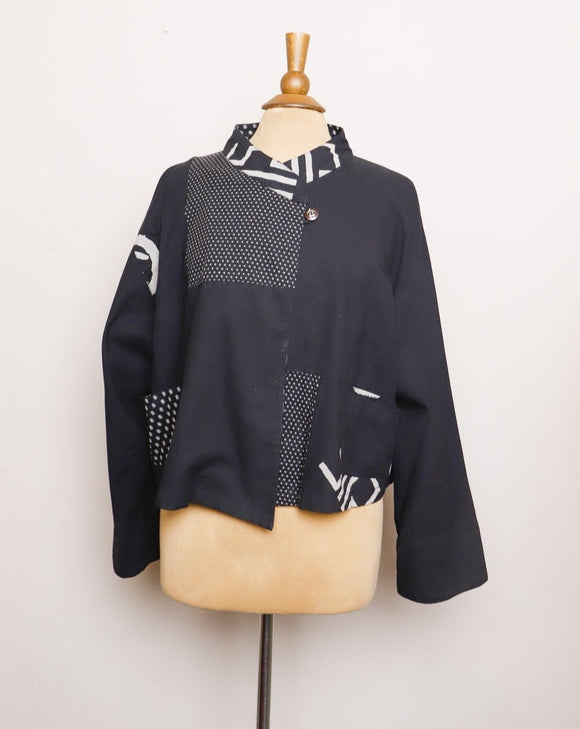 1990's Black & Grey cropped abstract color block light jacket with pockets