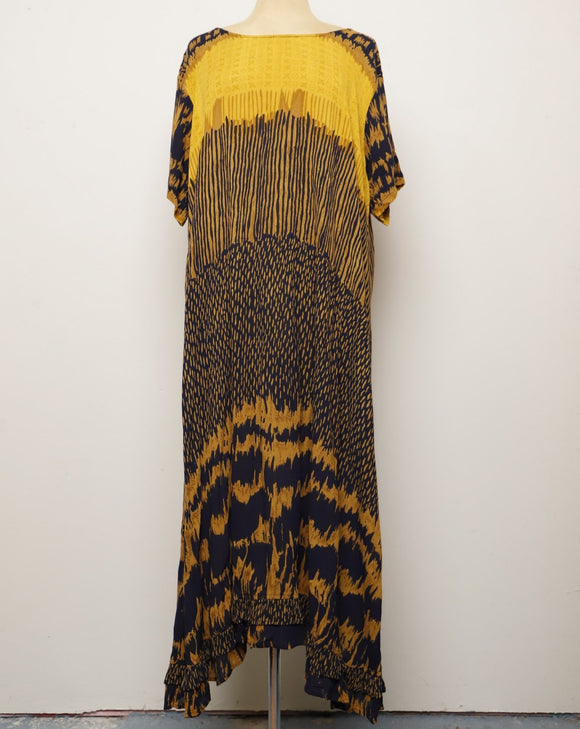 1990's Mustard yellow & black abstract printed plus size house maxi dress