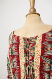 1990's Red, Dark green & Mustard yellow abstract tribal Plus size baby doll dress with corset laced bodice