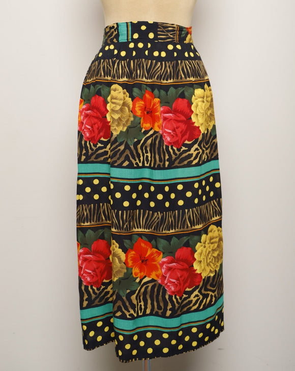 1990's Black, Red, Yellow & green floral, polka dot and stripe plus size skirt