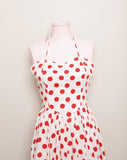 1970's White and Red polka dot halter dress with a full skirt & sweetheart neckline