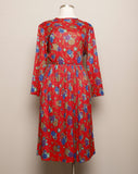 1980's Red Plus size long sleeve dress with a rose and jewel print