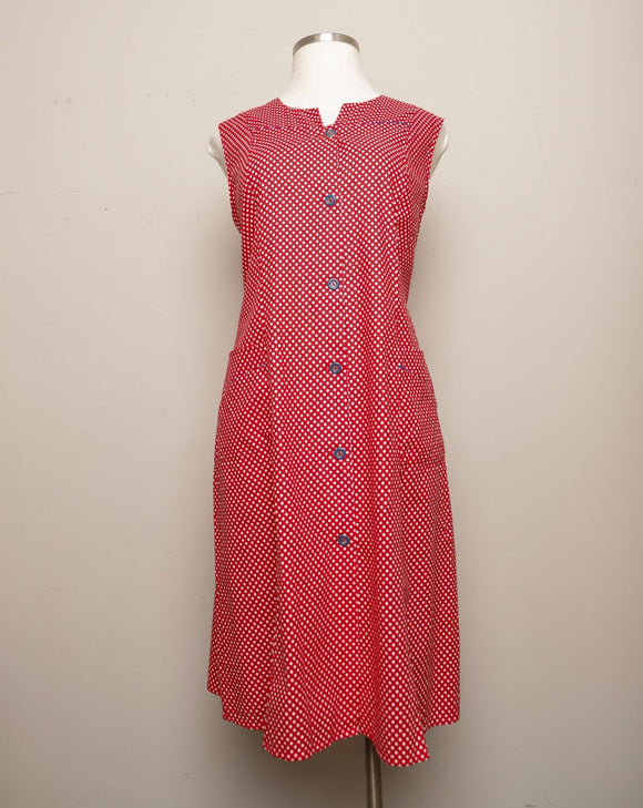 1970's Red & white polka dot sleeveless mod dress with navy trim & buttons with pockets