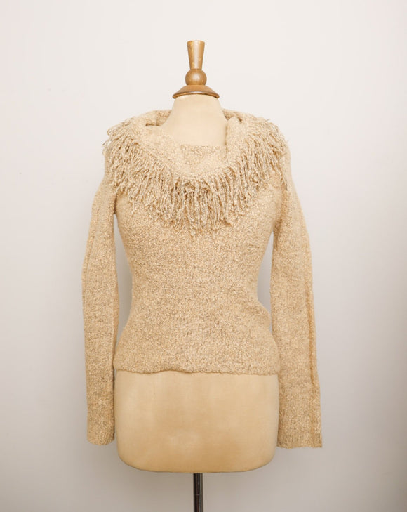 Y2K Tan pull over sweater with cowl fringe neckline
