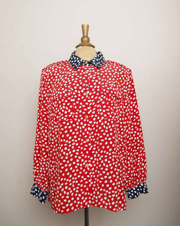 1990's Red, White & Navy Polka dot button down plus size long sleeve top