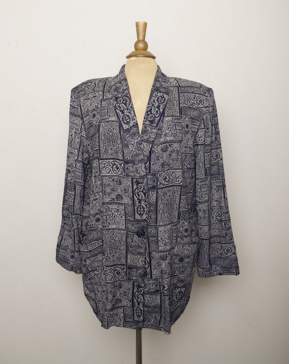 1990's Navy blue abstract printed blazer with pockets