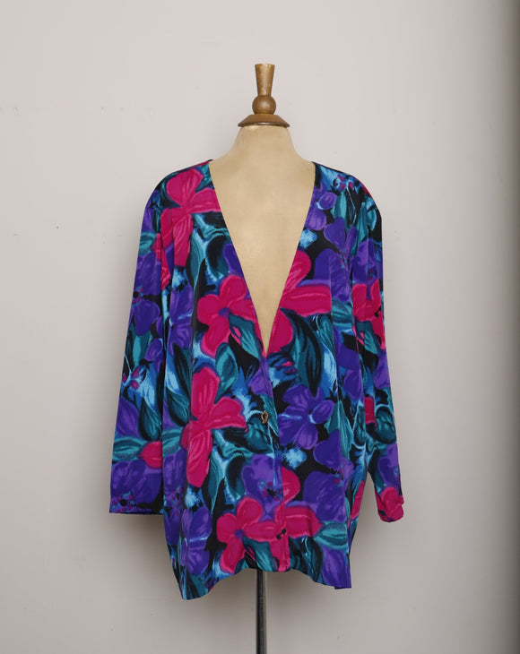 1980's Fuchsia, Purple & Turquoise watercolor floral plus size blazer