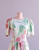 1980's White Dress with pink tulips & back cutouts and bows