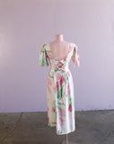 1980's White Dress with pink tulips & back cutouts and bows
