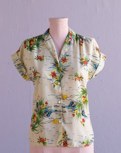 1980's Ivory tropical floral button down shirt