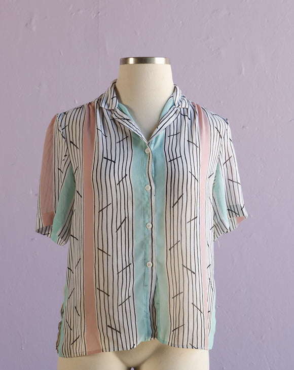 1990's Sheer White, Pastel Pink & teal striped confetti button down shirt