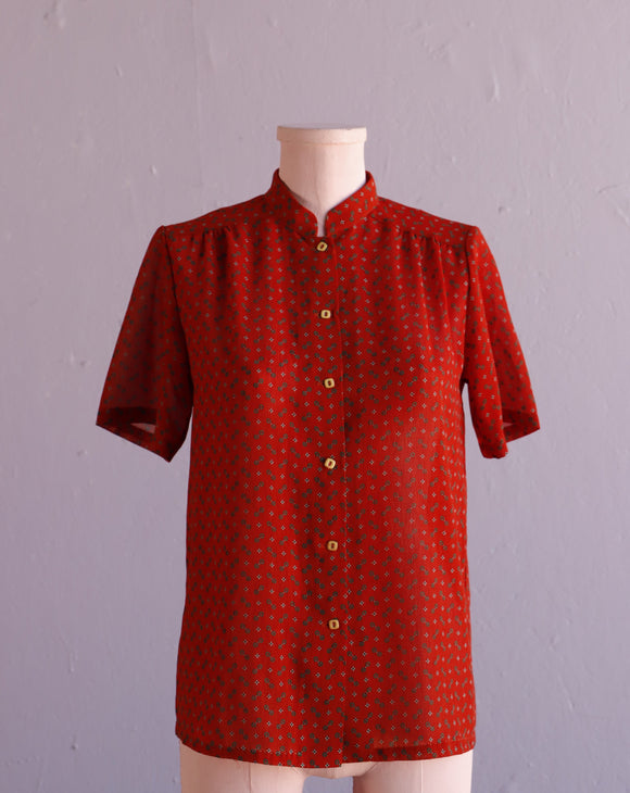 1980's Sheer Red abstract blouse with a mandarin collar