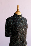 Marc Jacobs Black sheer cloud & bird print high neck button down blouse
