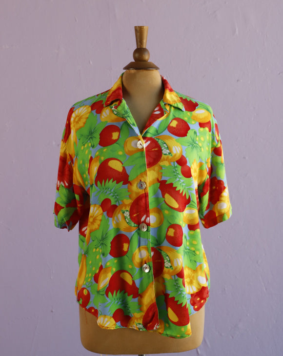1990's Red & Green tropical fruit print button down shirt