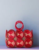 Amazing Mod Red crochet medallion straw handbag
