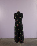 Y2K Black silk 2 pc set with embroidered pink rose bud flowers