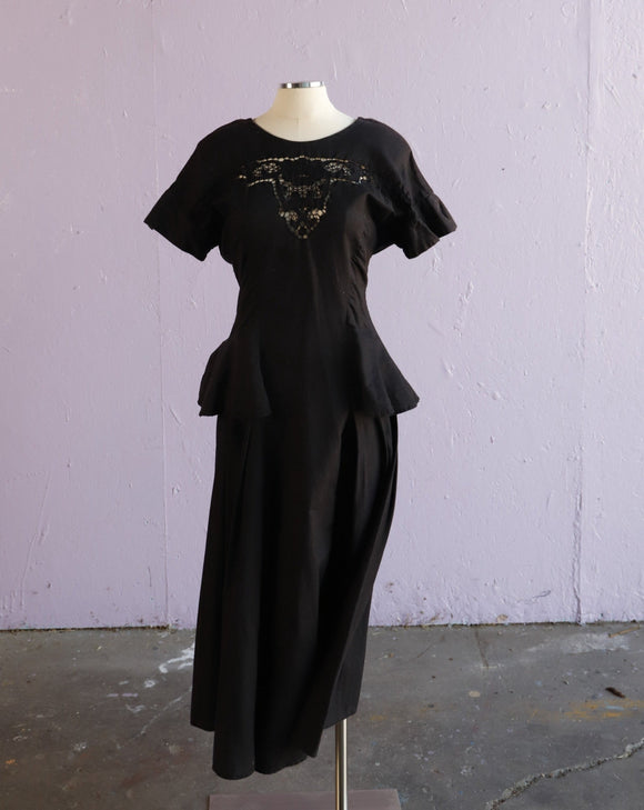 1980's Black Dress with laced and faux peplum skirt