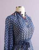 1970's Sheer Boho Blue floral long sleeve dress