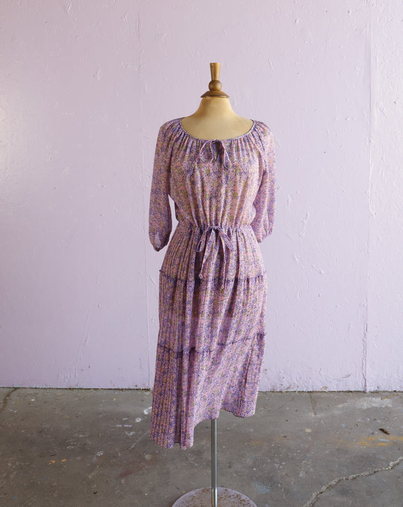 1970's Violet floral pleated sheer dress with keyhole tie