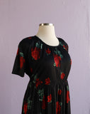 1980's Black with red roses plus size maxi dress