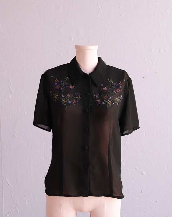 1990's Black sheer blouse with back opening