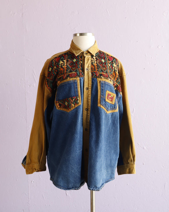 1990's Color block Denim shirt with southwestern tapestry