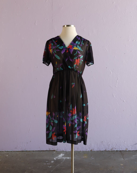 1970's Sheer Black tropical floral dress