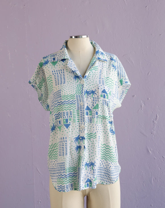 1990's White, Green &  Blue tropical palm tree button down shirt