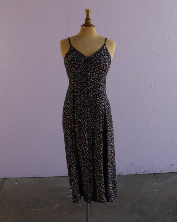 1990's Black Sleeveless Maxi dress with a dainty cherry print and back corset lacing